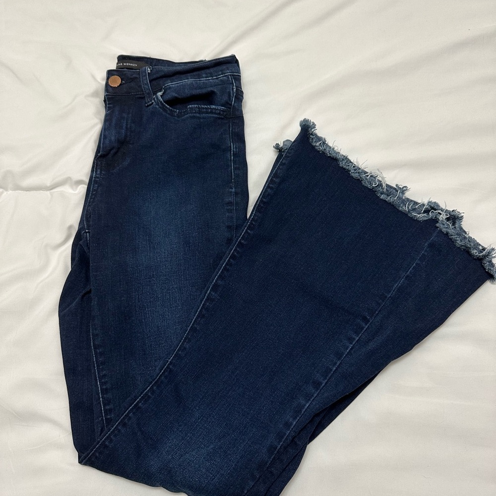 Flying Monkey Dark Blue Boot Cut Jeans with Frayed Hem